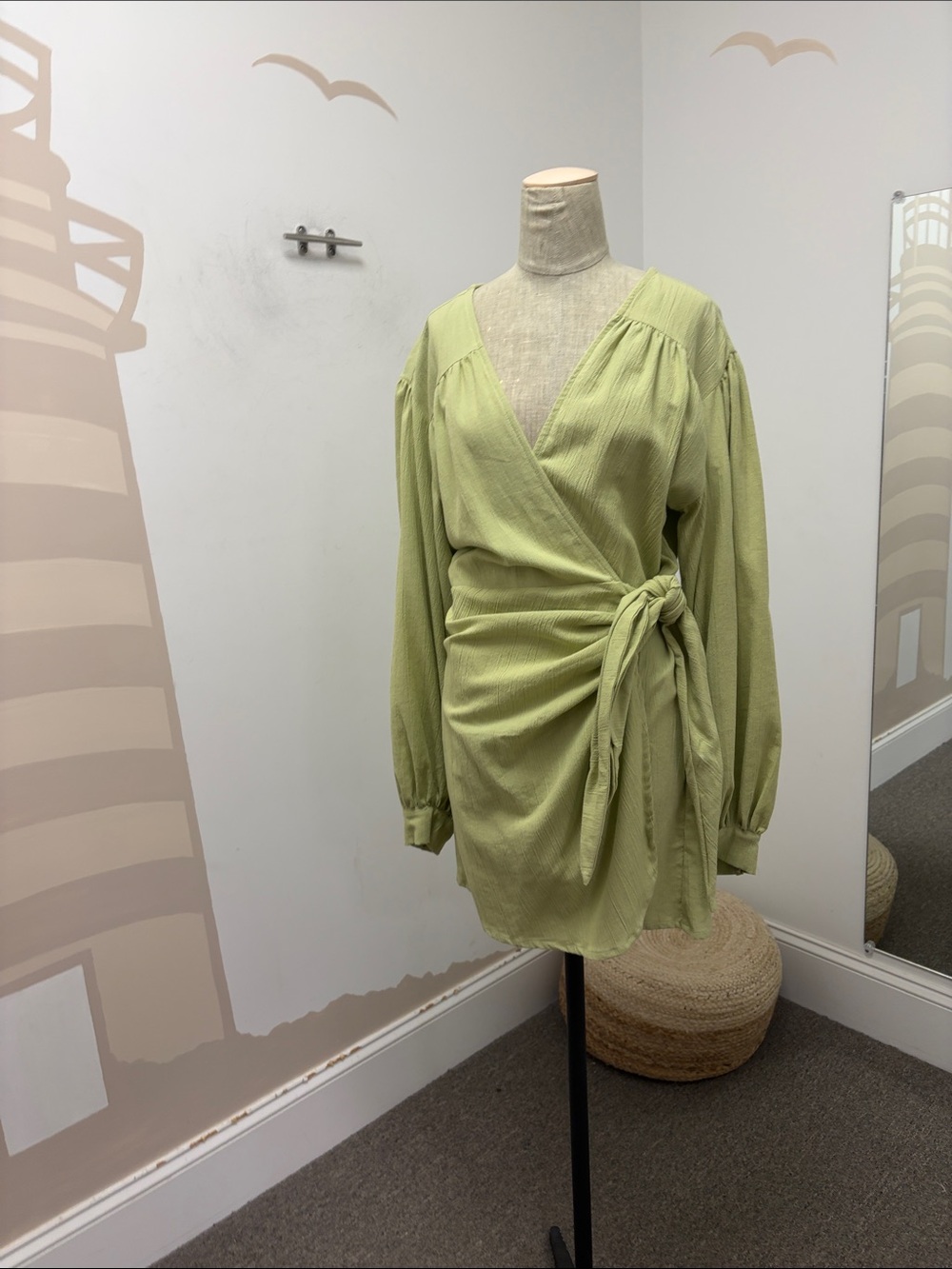 Bali linen Women's Sage Green Wrap Dress with Tie Waist